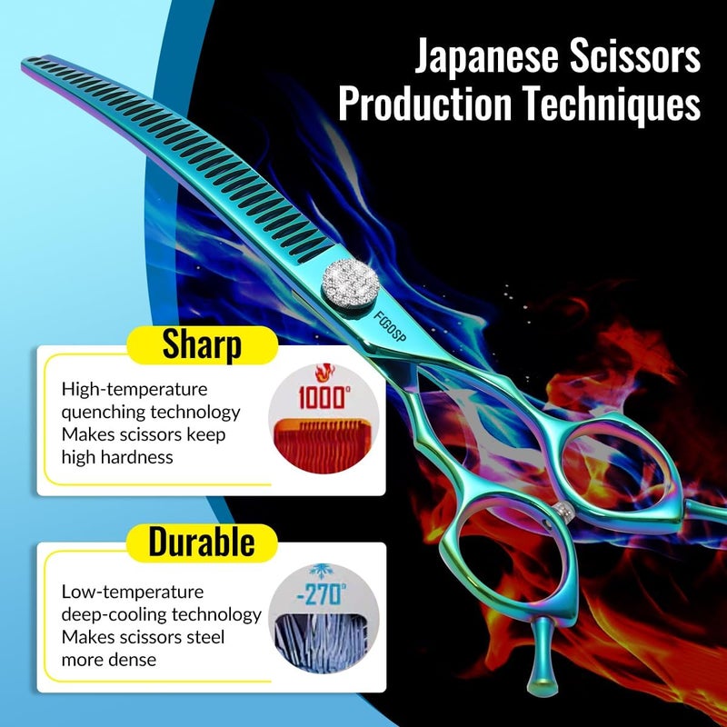 FOGOSP Professional Curved Thinning Shears Dog Grooming Scissors with Large Finger Holes 7.5'' Blue Green Curved Chunkers Shears for Grooming Large Dogs Pet 35 Teeth Japan 440C(Curved Chunkers,Turquoise) - Image 4
